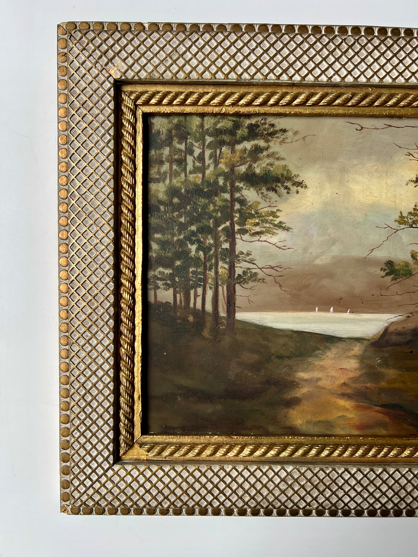 19th Century 1887 Sailboats on Lake Oil Painting in Carved Gilded Frame