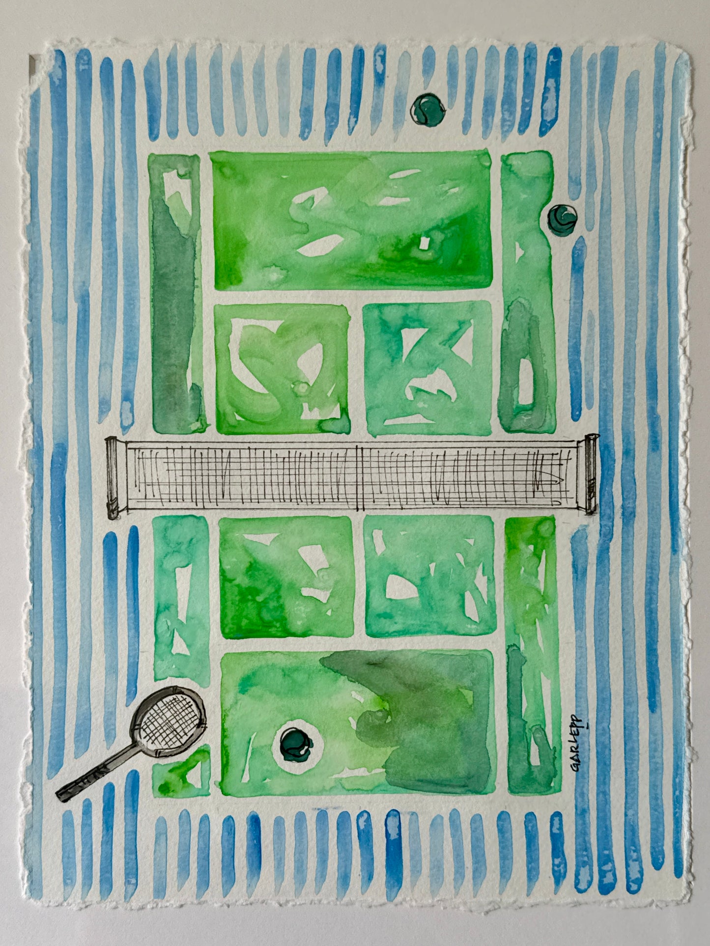 Sharon Garlepp Green and Blue Striped Tennis Time Watercolor Painting in Natural Wood Bobbin Frame