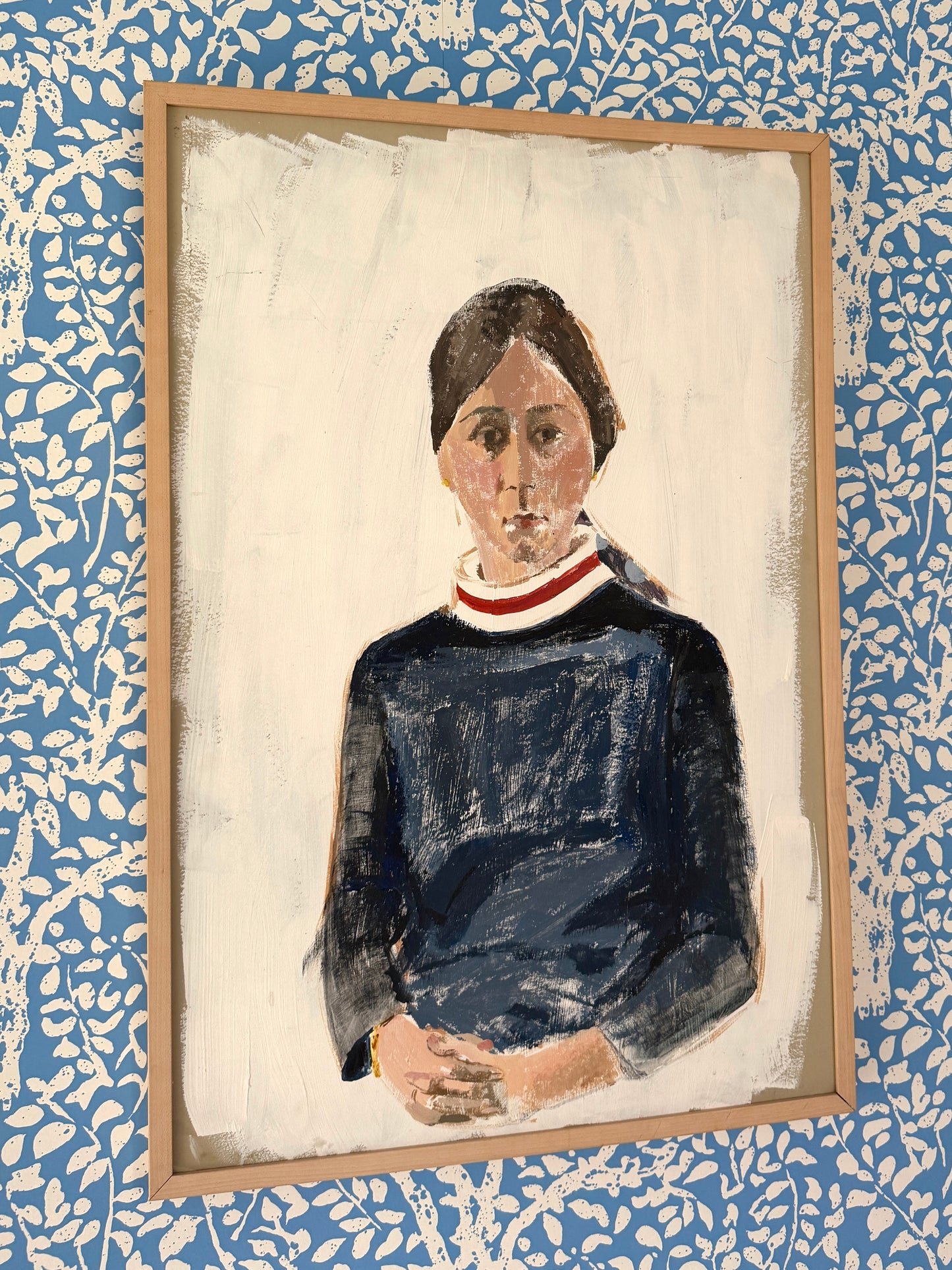 Vintage Young Girl in Blue Modernist Portrait Oil Painting in Natural Wood Frame