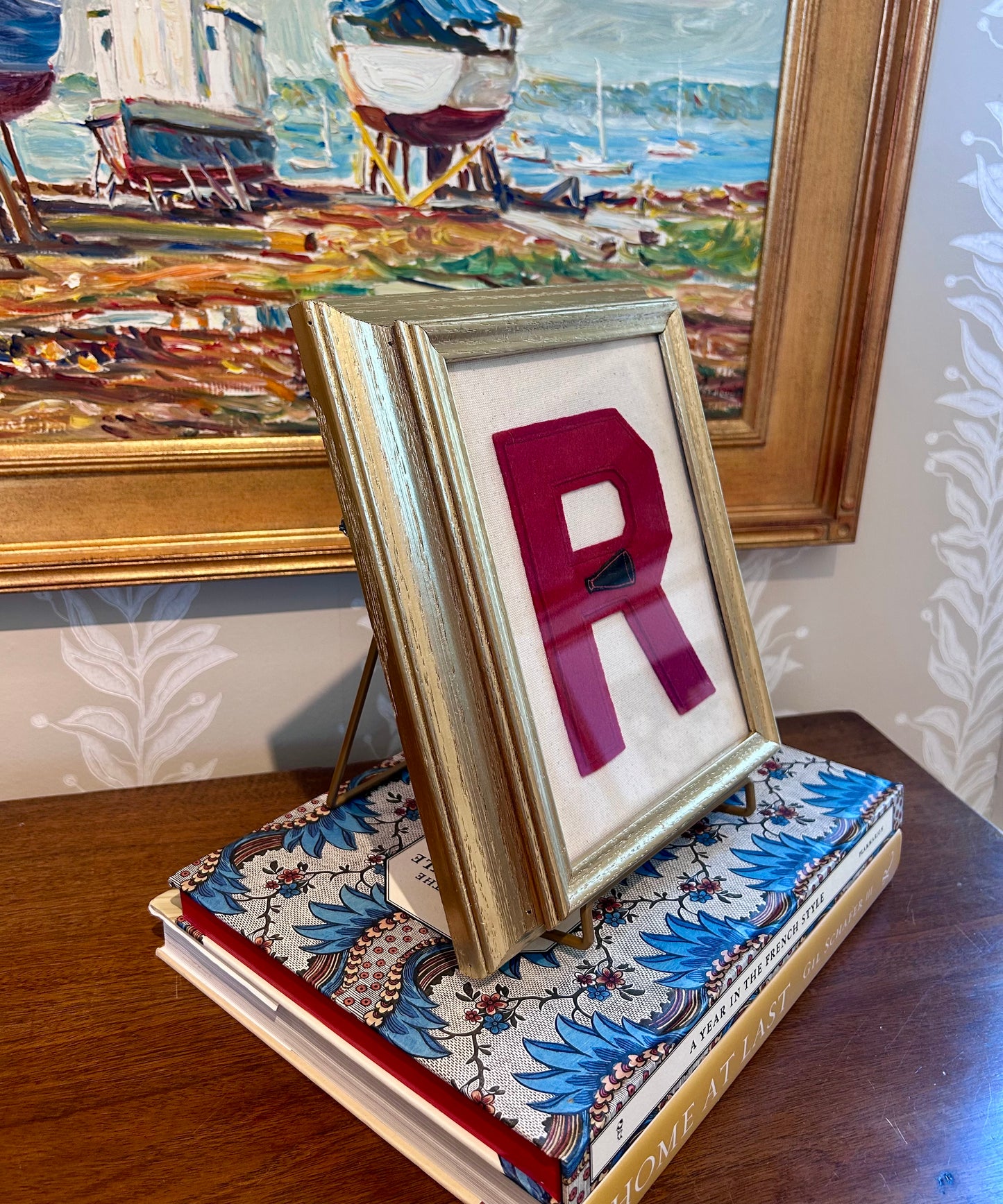 Vintage Red Varsity Letter Initial R with Megaphone on Ivory Sail Cloth in Gold Frame