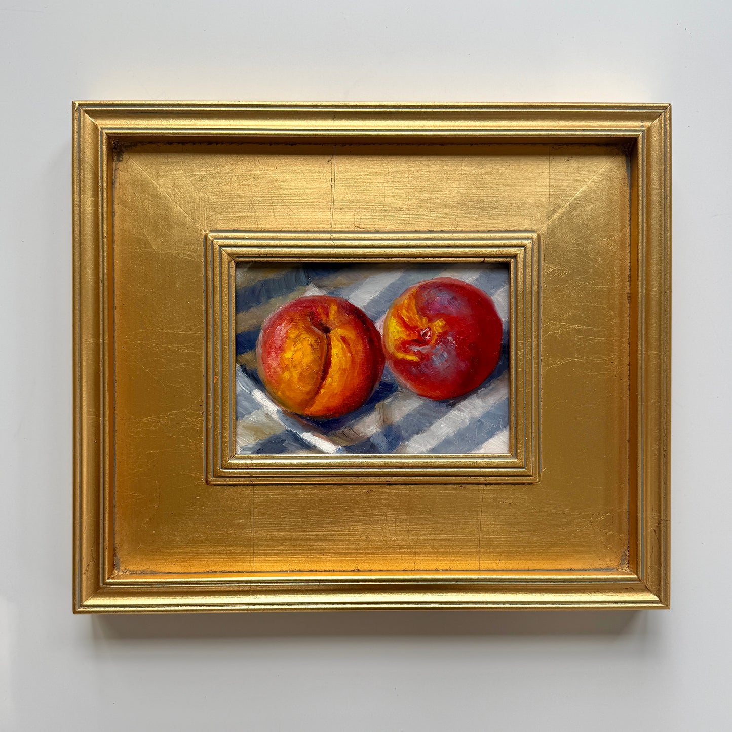 Peaches in Blue and White Towel #2 Still Life Oil Painting in Gold Frame