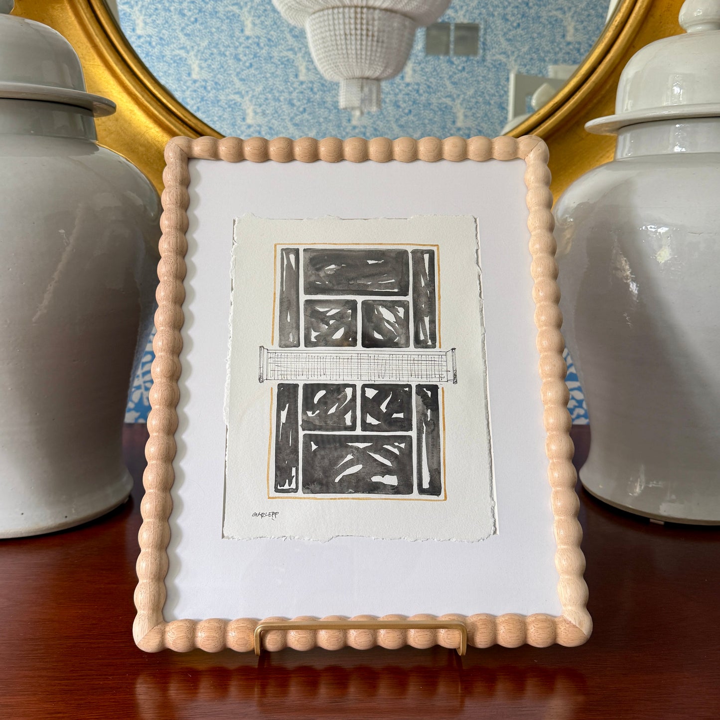 Sharon Garlepp Black and Gold Tennis Time Watercolor Painting in Natural Wood Bobbin Frame