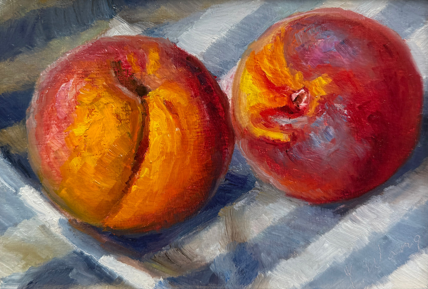 Peaches in Blue and White Towel #2 Still Life Oil Painting in Gold Frame