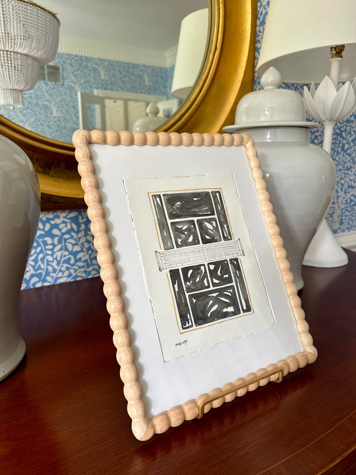 Sharon Garlepp Black and Gold Tennis Time Watercolor Painting in Natural Wood Bobbin Frame