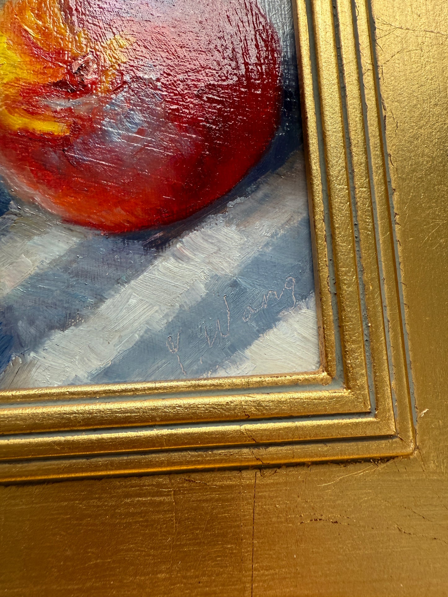 Peaches in Blue and White Towel #2 Still Life Oil Painting in Gold Frame