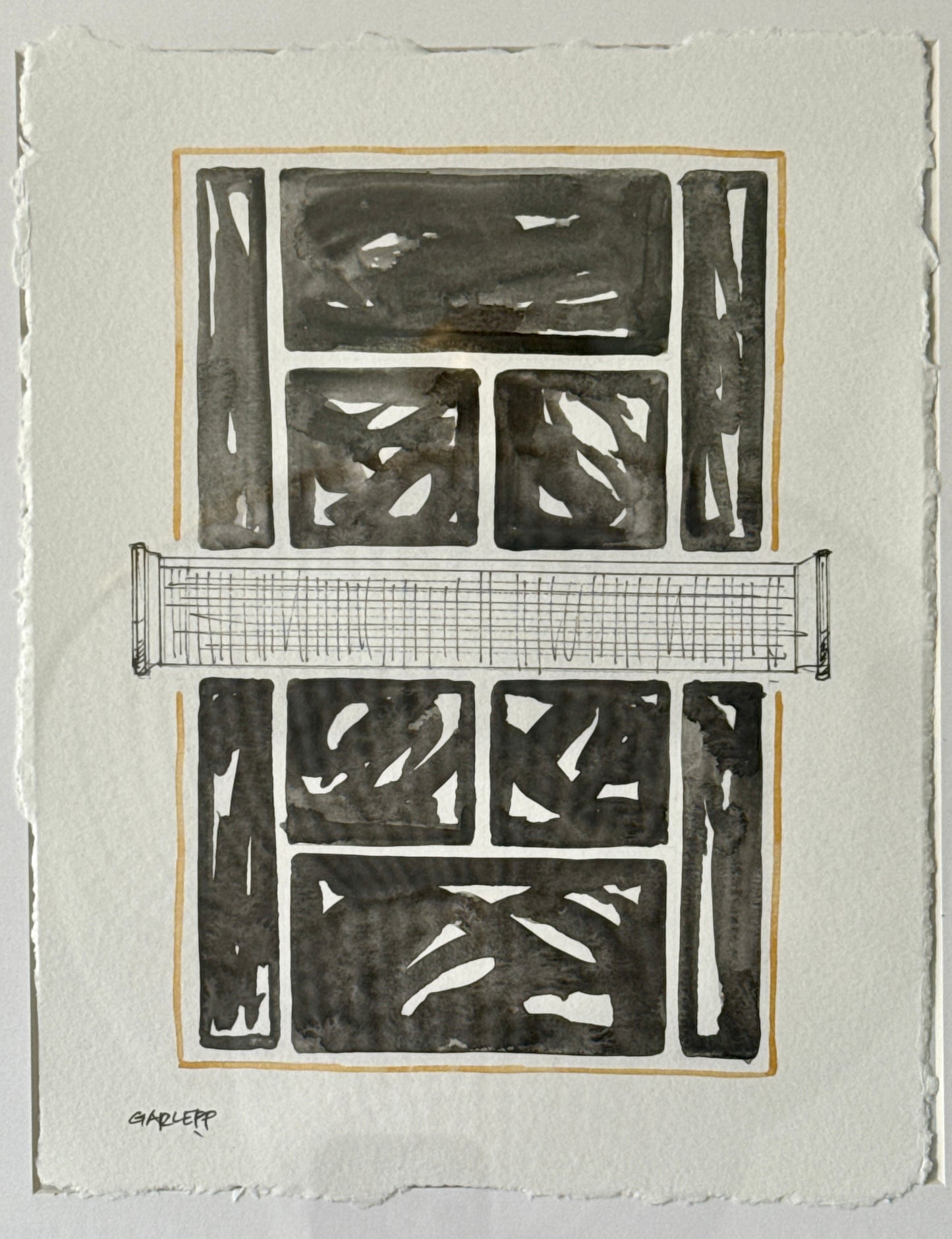 Sharon Garlepp Black and Gold Tennis Time Watercolor Painting in Natural Wood Bobbin Frame