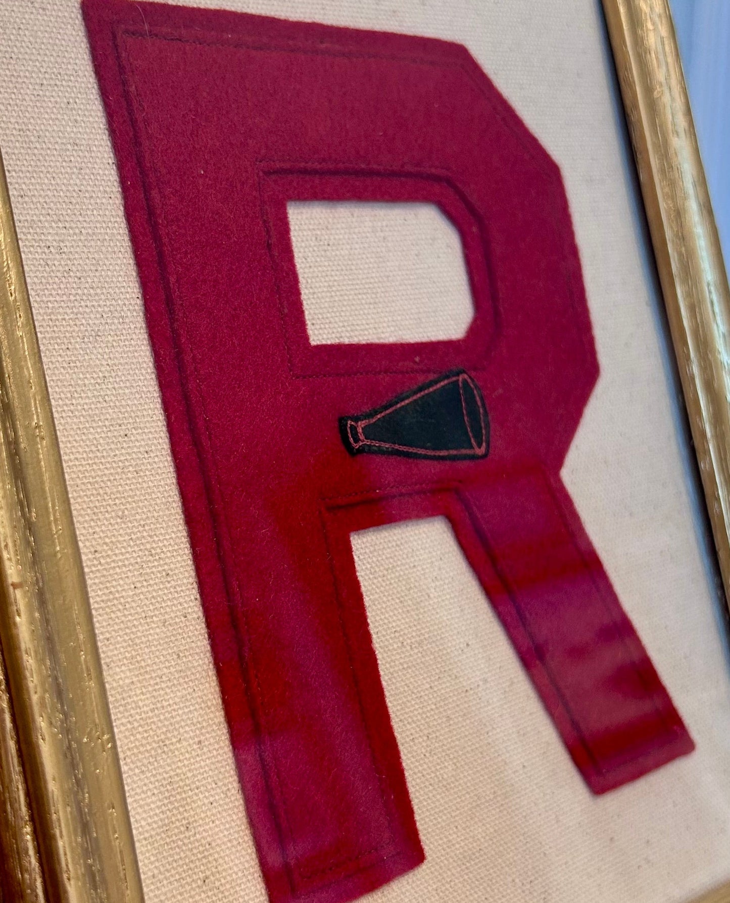 Vintage Red Varsity Letter Initial R with Megaphone on Ivory Sail Cloth in Gold Frame