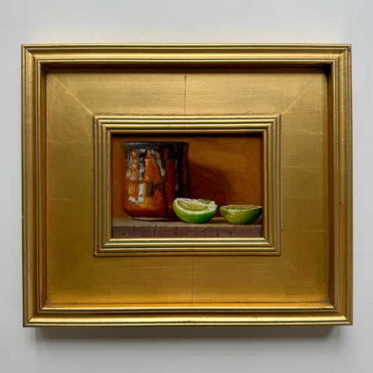 Copper Mug with Limes Still Life Oil Painting in Gold Frame