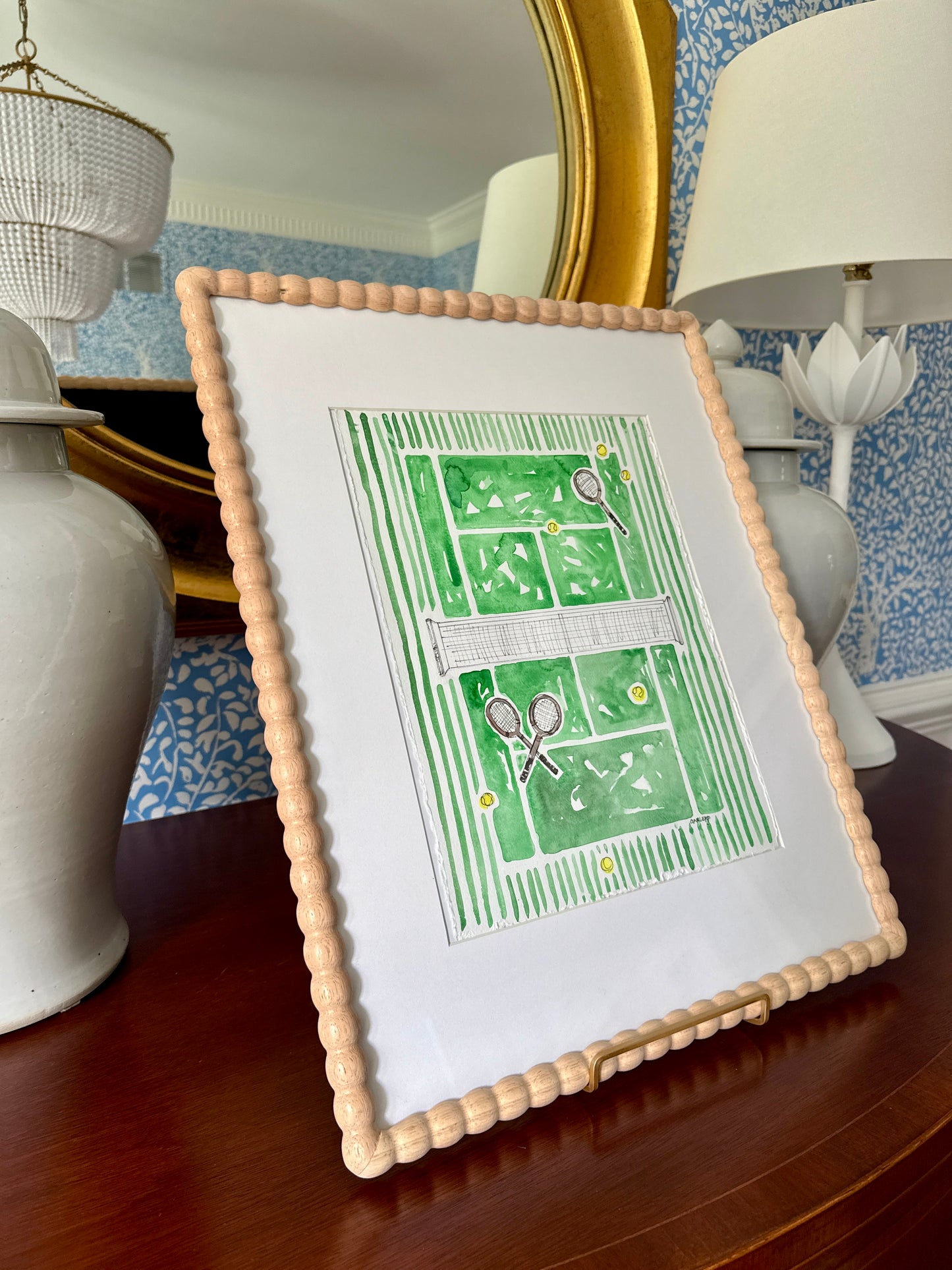 Sharon Garlepp Green Striped Court Tennis Time Watercolor Painting in Natural Wood Bobbin Frame