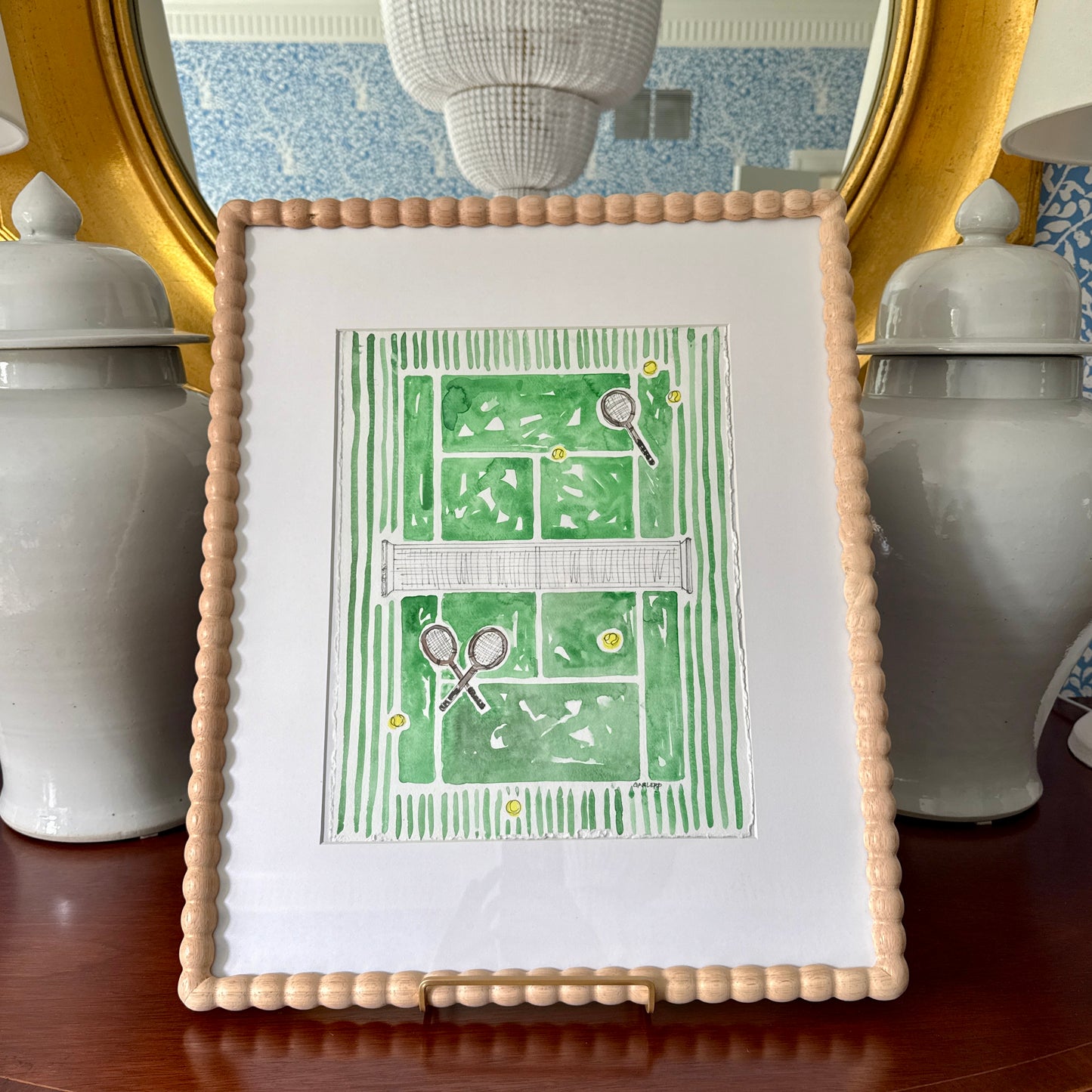 Sharon Garlepp Green Striped Court Tennis Time Watercolor Painting in Natural Wood Bobbin Frame