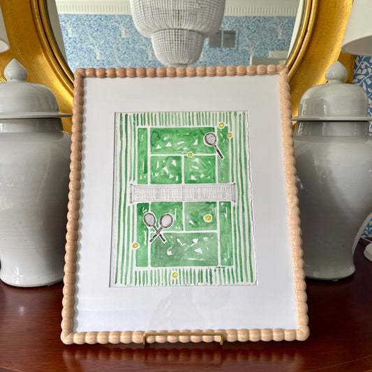 Sharon Garlepp Green Striped Court Tennis Time Watercolor Painting in Natural Wood Bobbin Frame