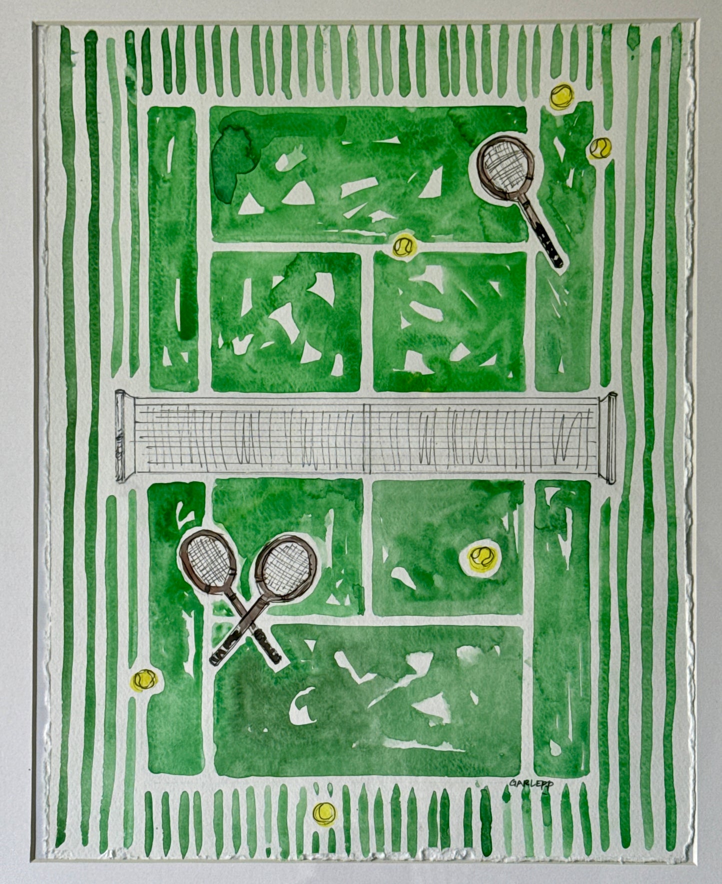 Sharon Garlepp Green Striped Court Tennis Time Watercolor Painting in Natural Wood Bobbin Frame