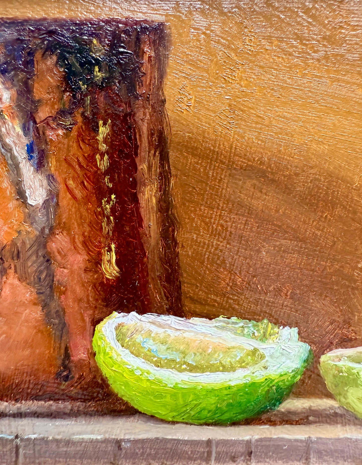Copper Mug with Limes Still Life Oil Painting in Gold Frame