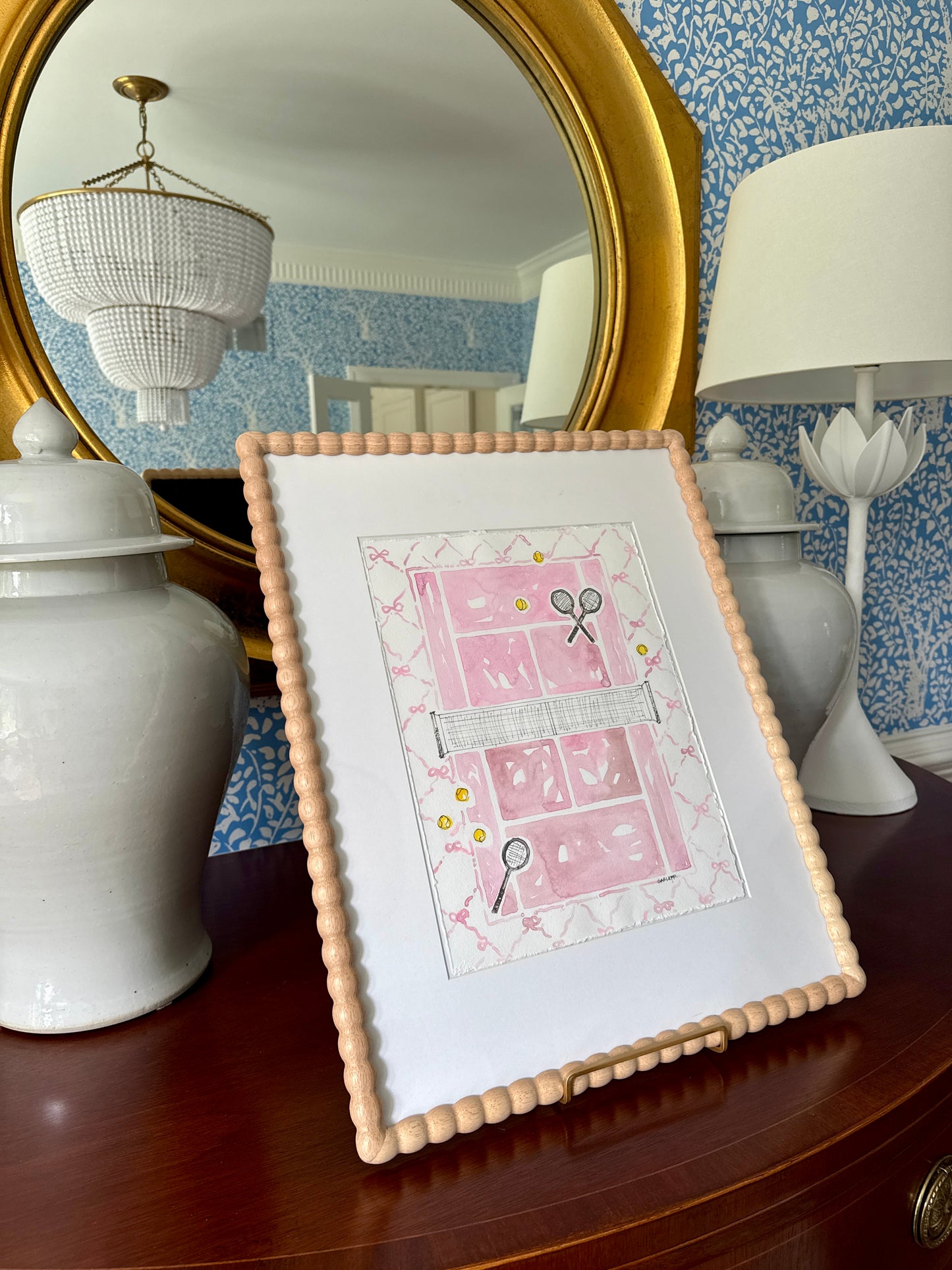 Sharon Garlepp Pink Ribbon Bows Court Tennis Time Watercolor Painting in Natural Wood Bobbin Frame