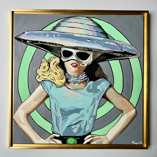 Mars Needs Women Pop Art Portrait Painting of Spacewoman in Gold Floater Frame