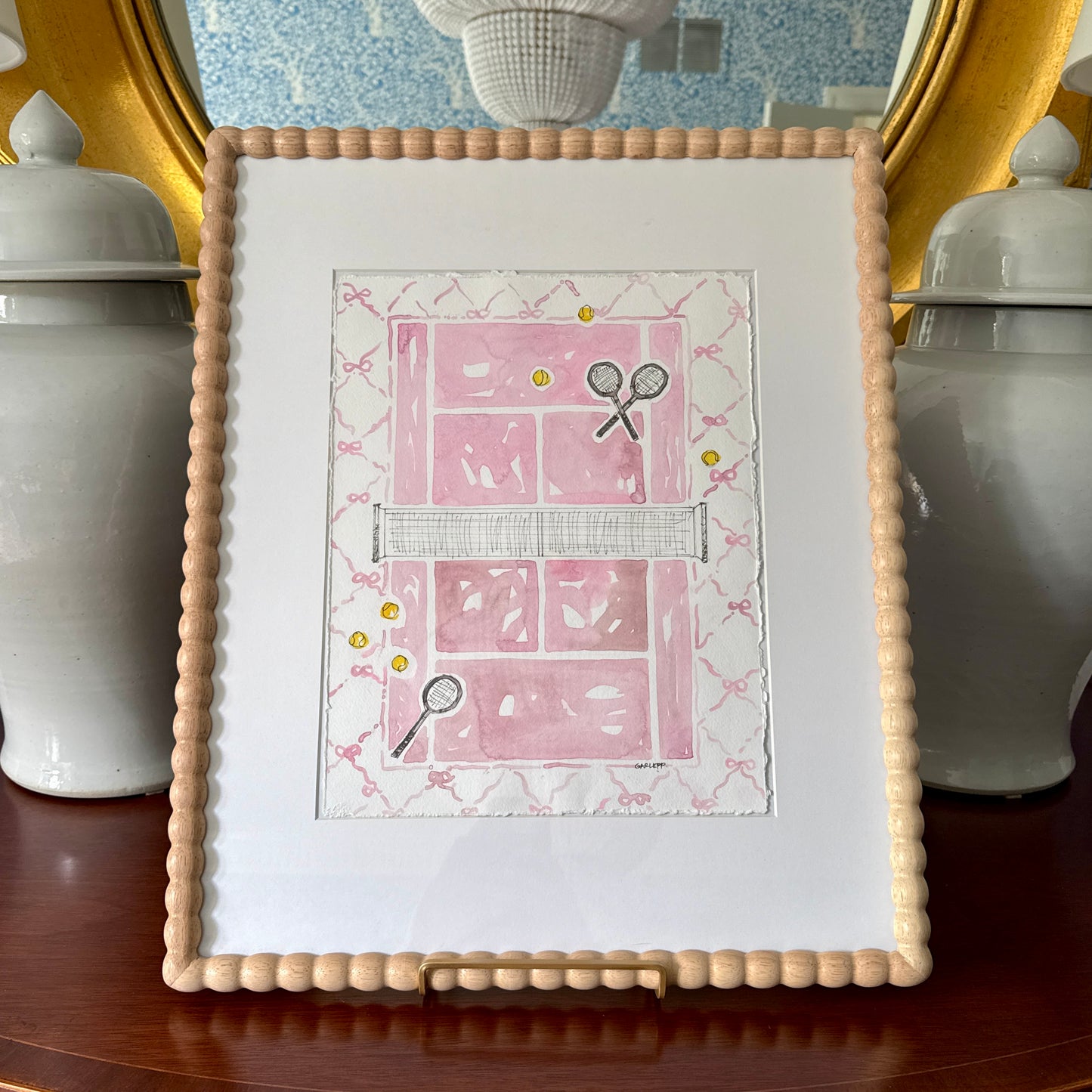 Sharon Garlepp Pink Ribbon Bows Court Tennis Time Watercolor Painting in Natural Wood Bobbin Frame