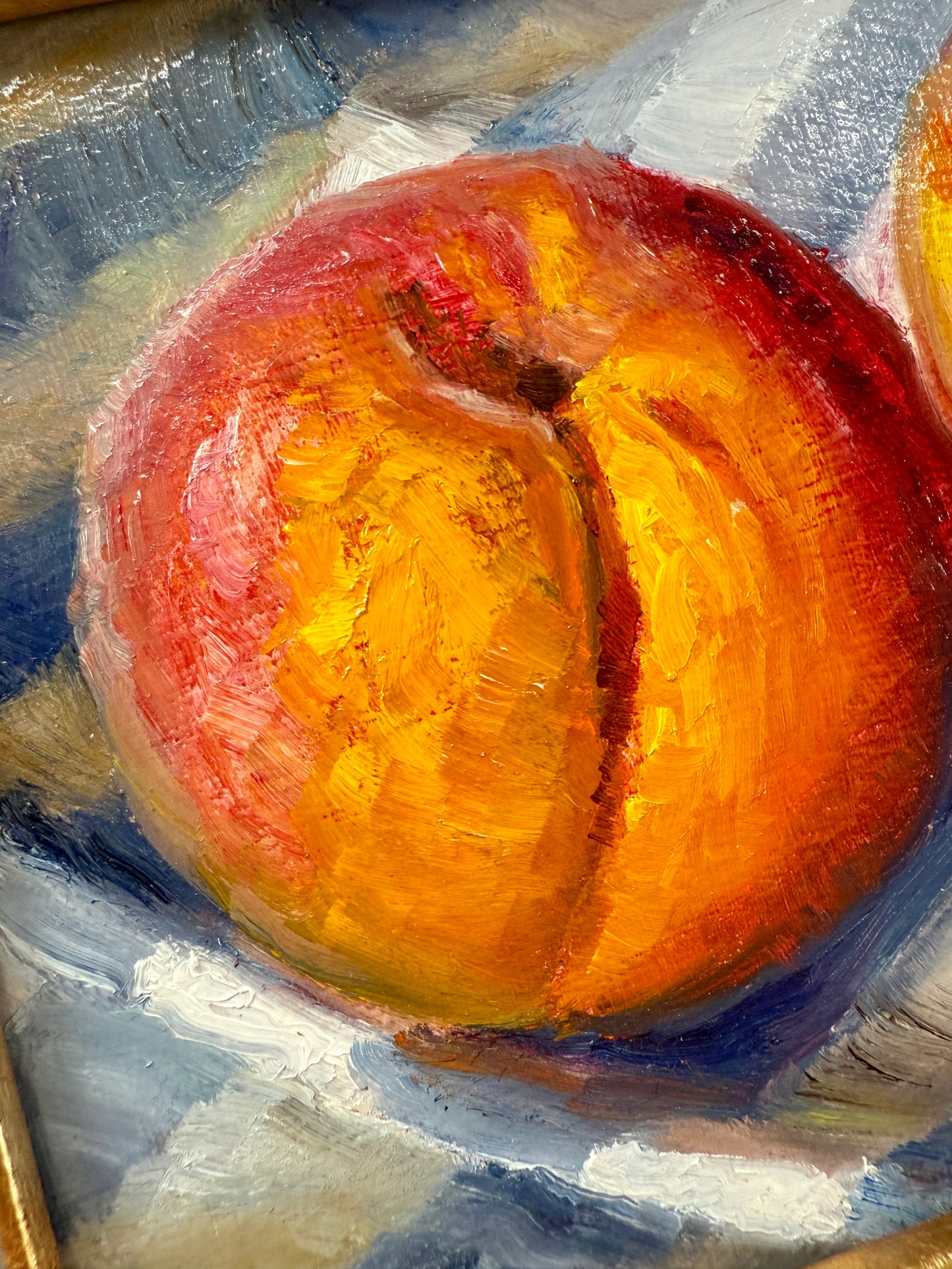 Peaches in Blue and White Towel #2 Still Life Oil Painting in Gold Frame