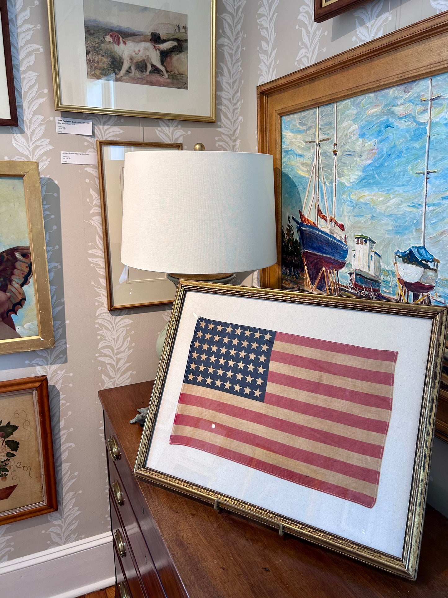 48 Star American Flag on Duck Cloth in Antique Wavy Gilded Frame