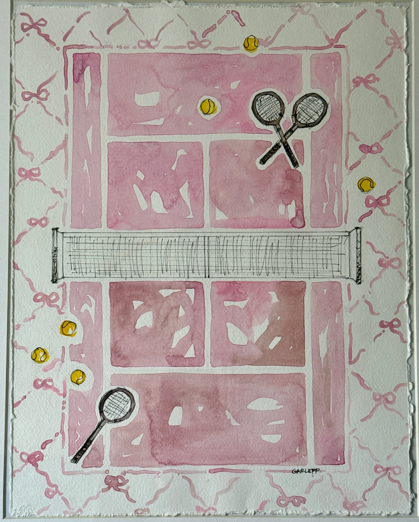Sharon Garlepp Pink Ribbon Bows Court Tennis Time Watercolor Painting in Natural Wood Bobbin Frame