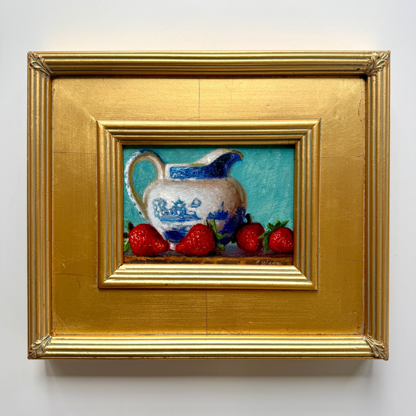 Blue and White Pitcher with Strawberries Still Life Oil Painting in Gold Frame