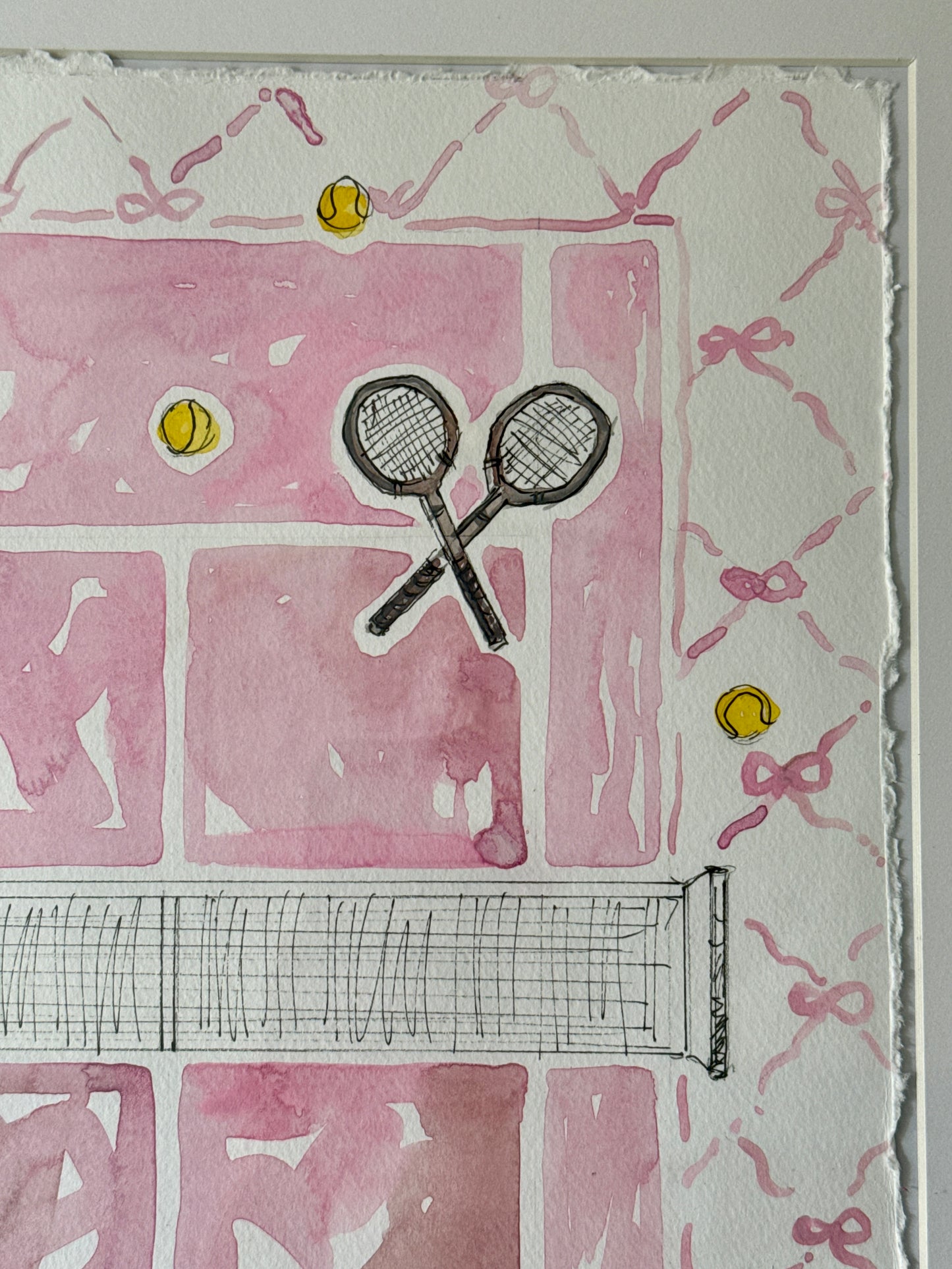 Sharon Garlepp Pink Ribbon Bows Court Tennis Time Watercolor Painting in Natural Wood Bobbin Frame