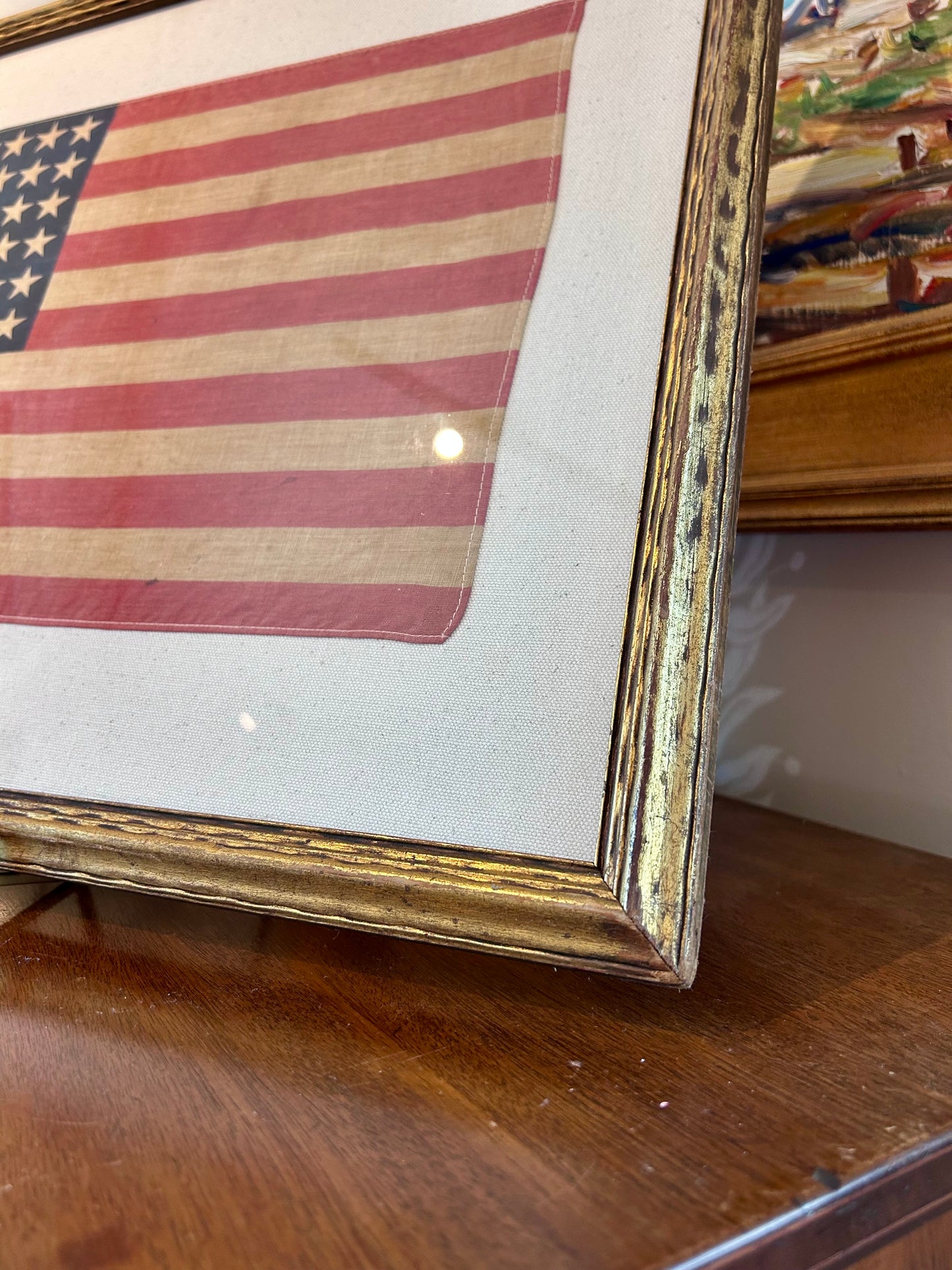 48 Star American Flag on Duck Cloth in Antique Wavy Gilded Frame