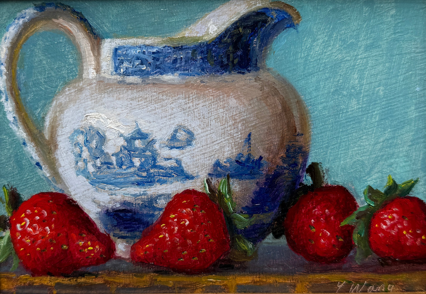 Blue and White Pitcher with Strawberries Still Life Oil Painting in Gold Frame