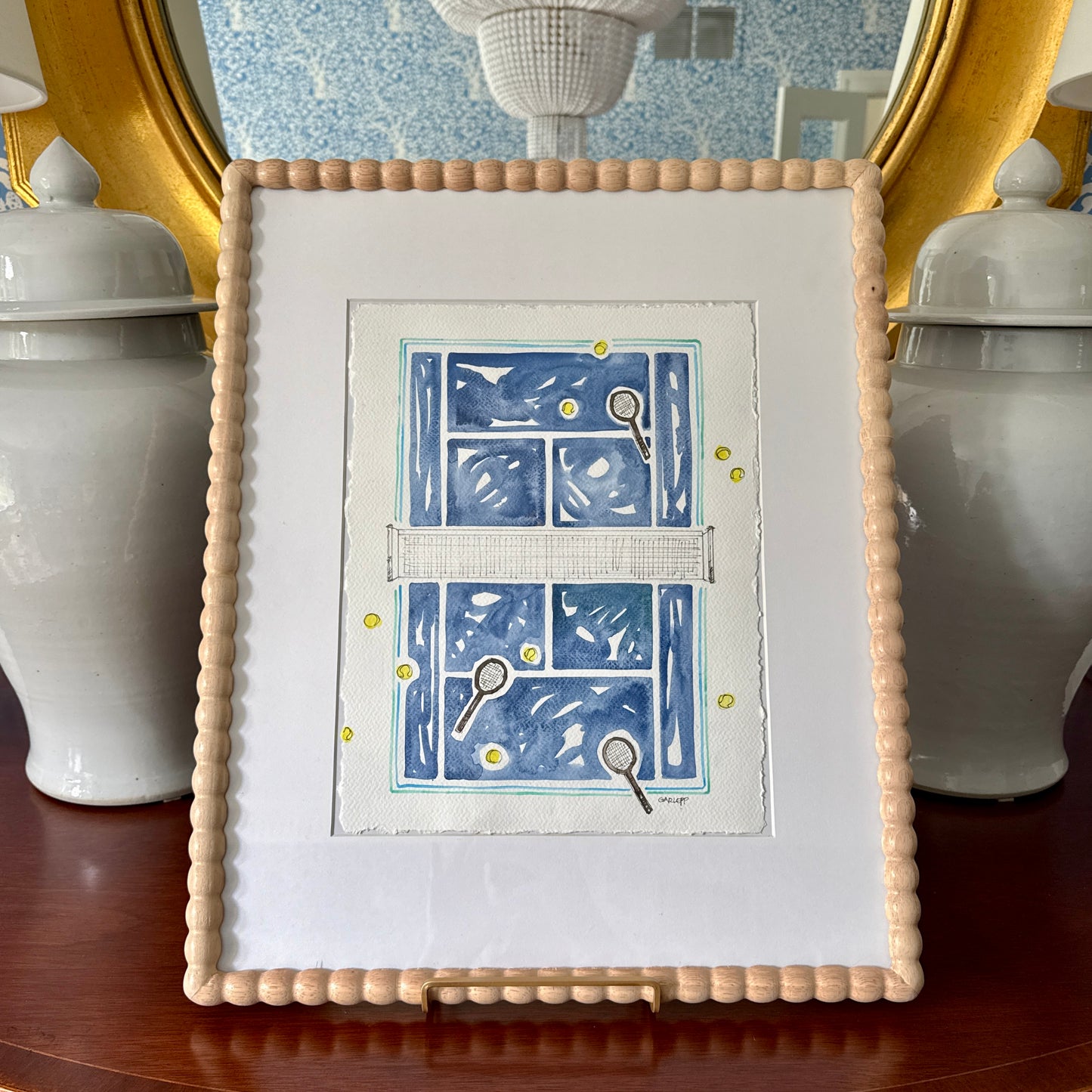 Sharon Garlepp Blue Green Court Tennis Time Watercolor Painting in Natural Wood Bobbin Frame