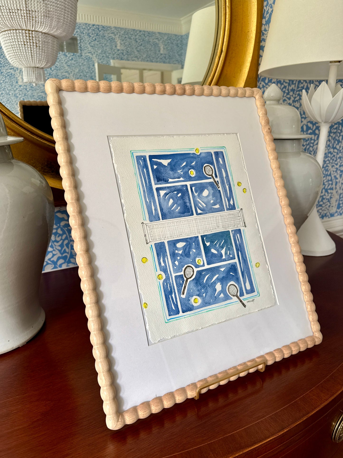 Sharon Garlepp Blue Green Court Tennis Time Watercolor Painting in Natural Wood Bobbin Frame