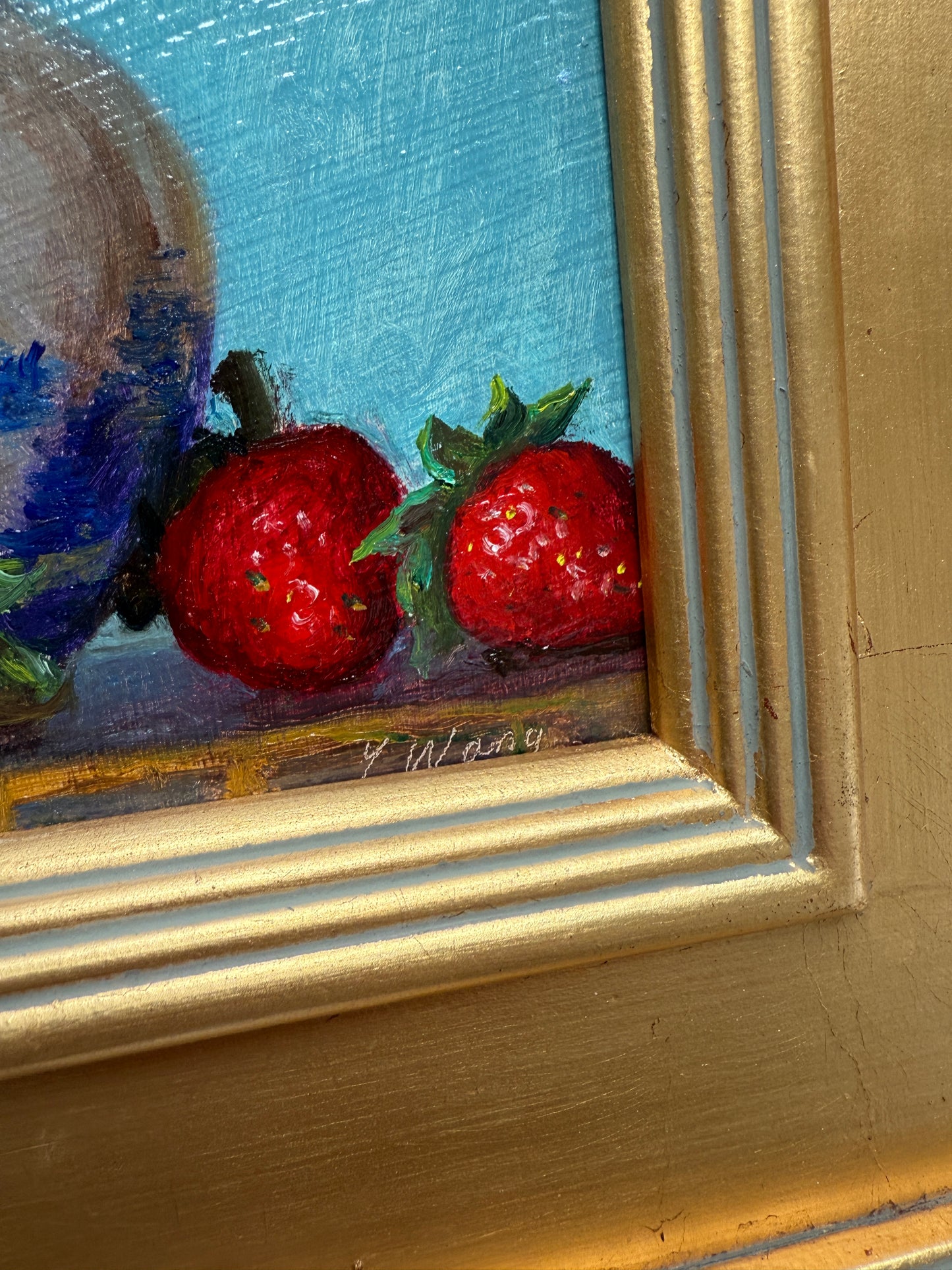 Blue and White Pitcher with Strawberries Still Life Oil Painting in Gold Frame