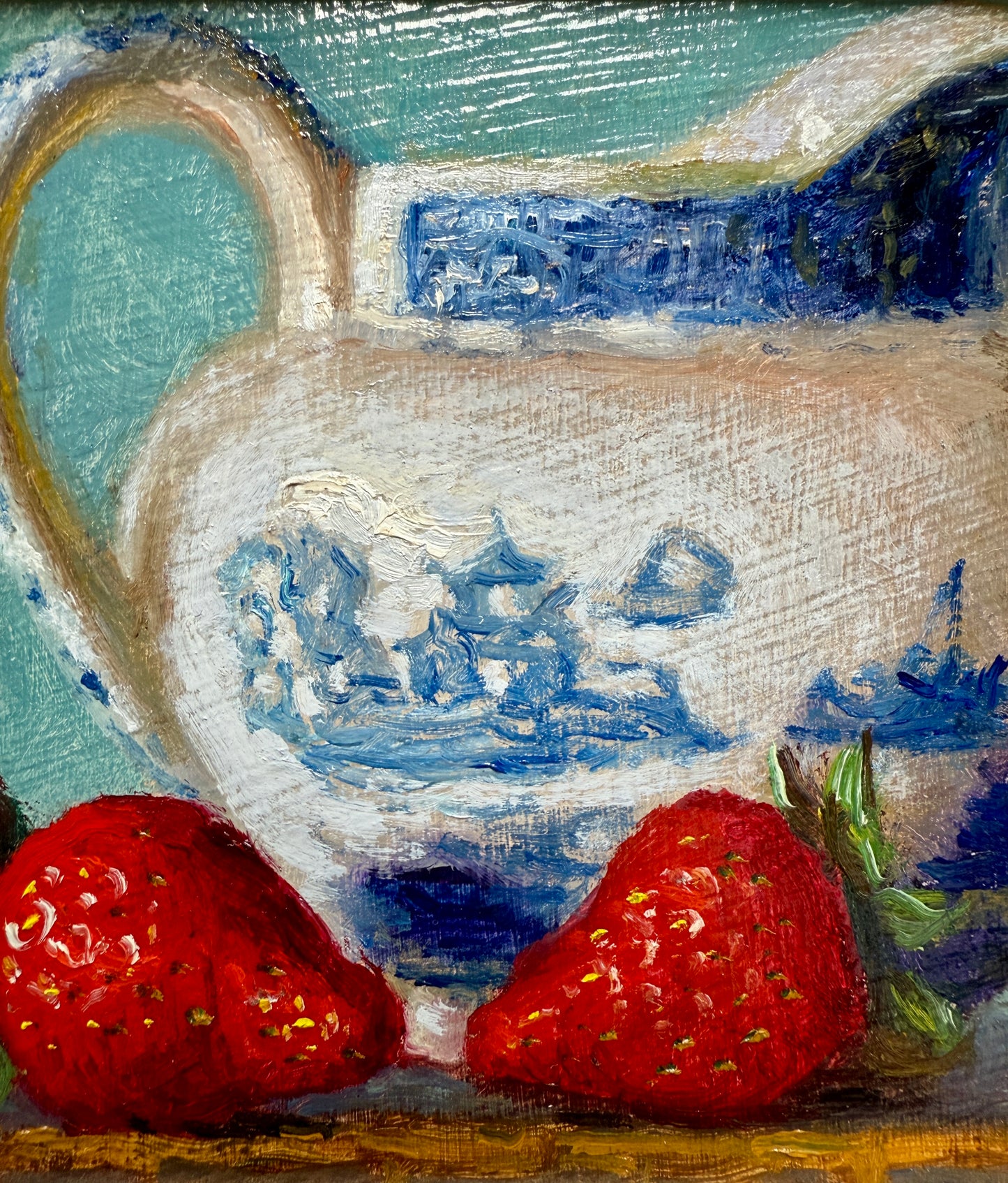 Blue and White Pitcher with Strawberries Still Life Oil Painting in Gold Frame