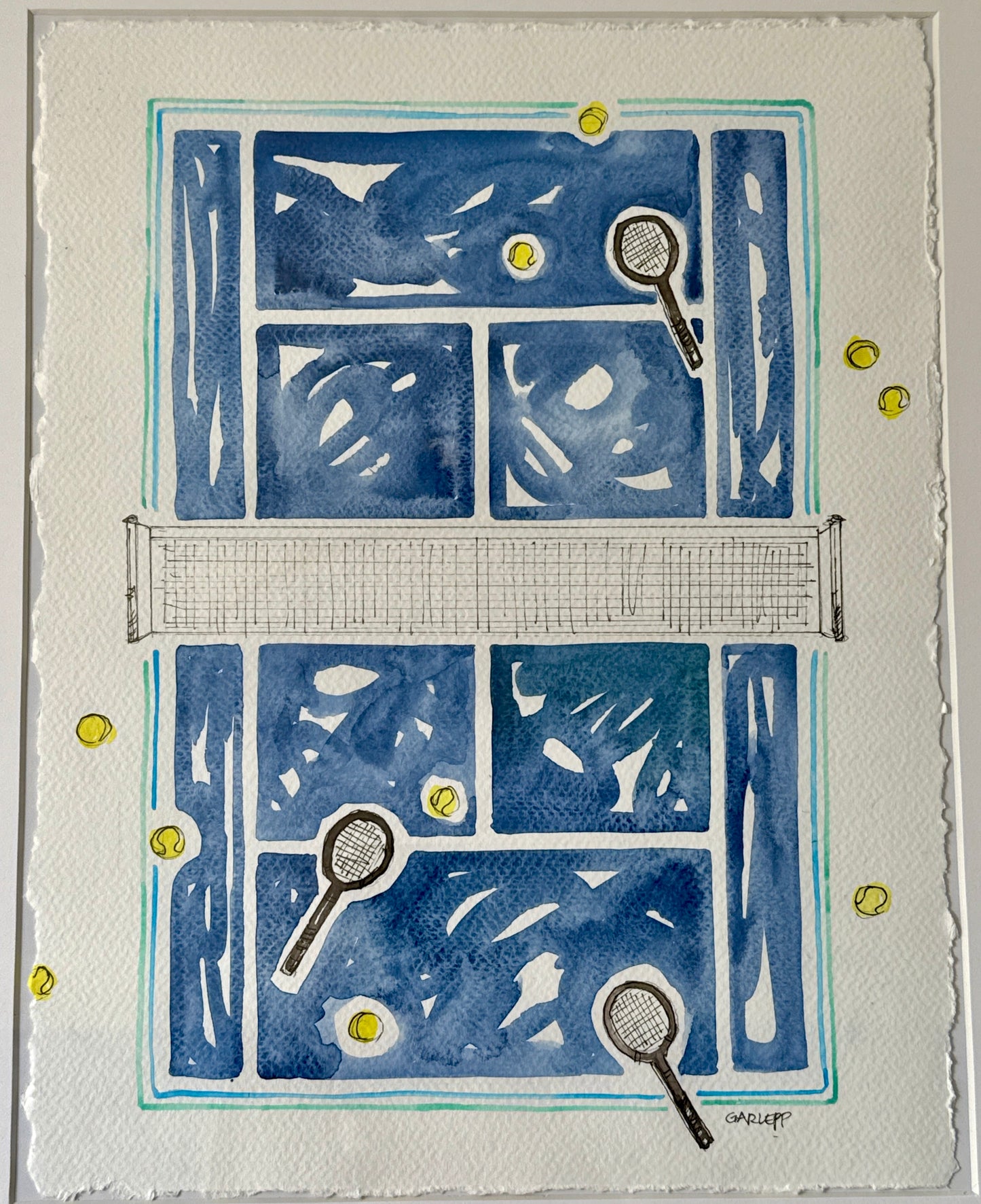 Sharon Garlepp Blue Green Court Tennis Time Watercolor Painting in Natural Wood Bobbin Frame