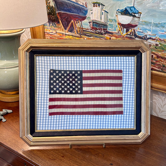 Vintage 50 Staggered Star American Flag on Light Blue Gingham Fabric in Gold Frame