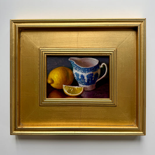 Blue and White Pitcher with Lemons Still Life Oil Painting in Gold Frame