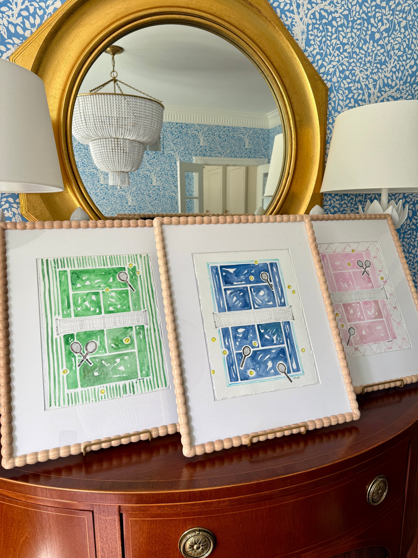 Sharon Garlepp Blue Green Court Tennis Time Watercolor Painting in Natural Wood Bobbin Frame