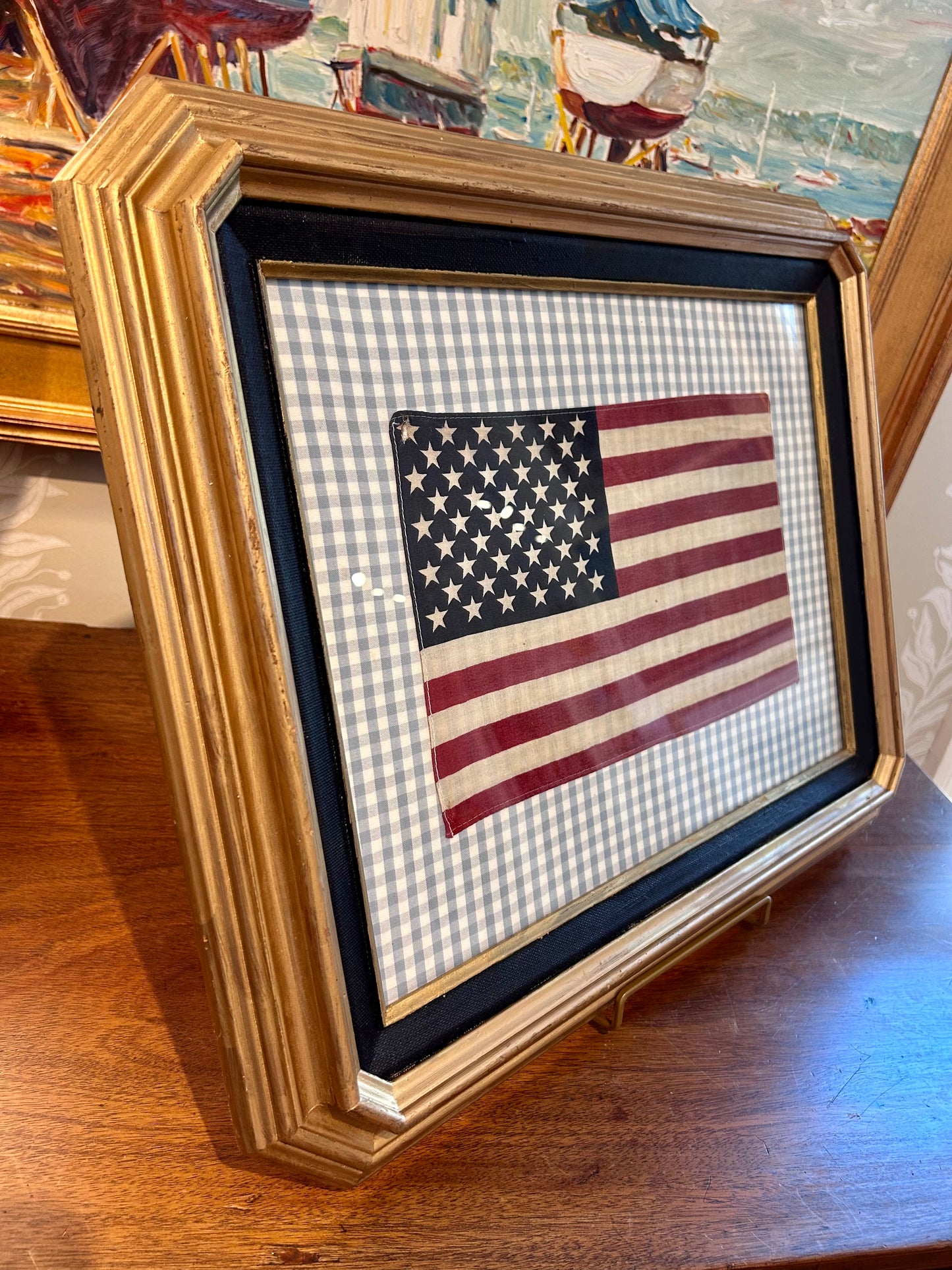Vintage 50 Staggered Star American Flag on Light Blue Gingham Fabric in Gold Frame