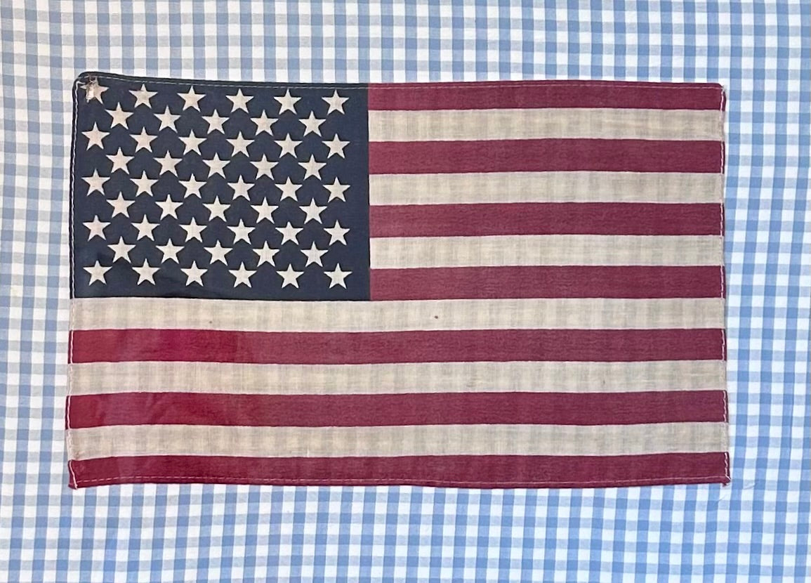 Vintage 50 Staggered Star American Flag on Light Blue Gingham Fabric in Gold Frame