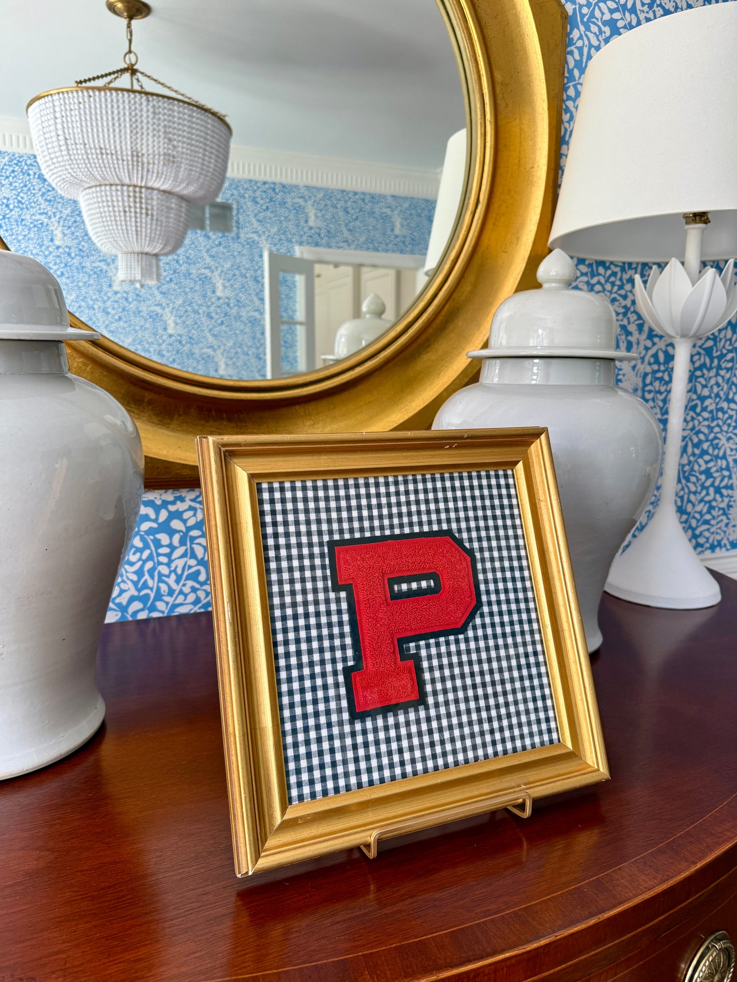 Vintage Princeton University Varsity Letter "P" on Black and White Gingham in Gold Frame