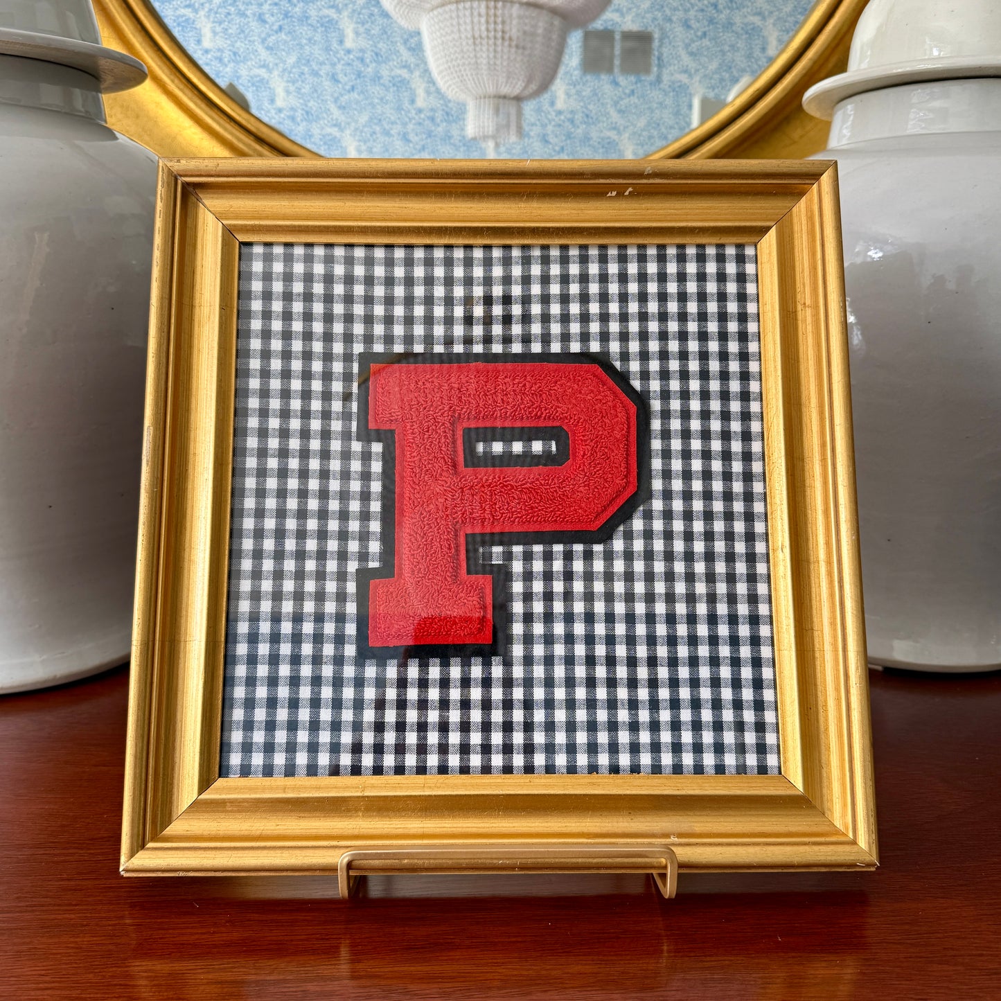 Vintage Princeton University Varsity Letter "P" on Black and White Gingham in Gold Frame