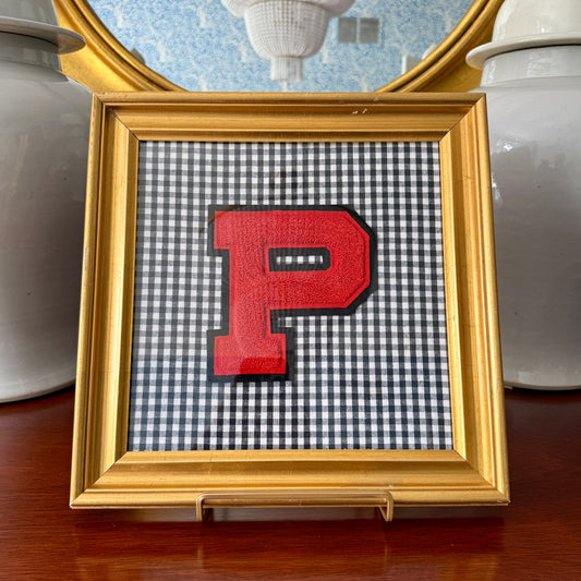 Vintage Princeton University Varsity Letter "P" on Black and White Gingham in Gold Frame