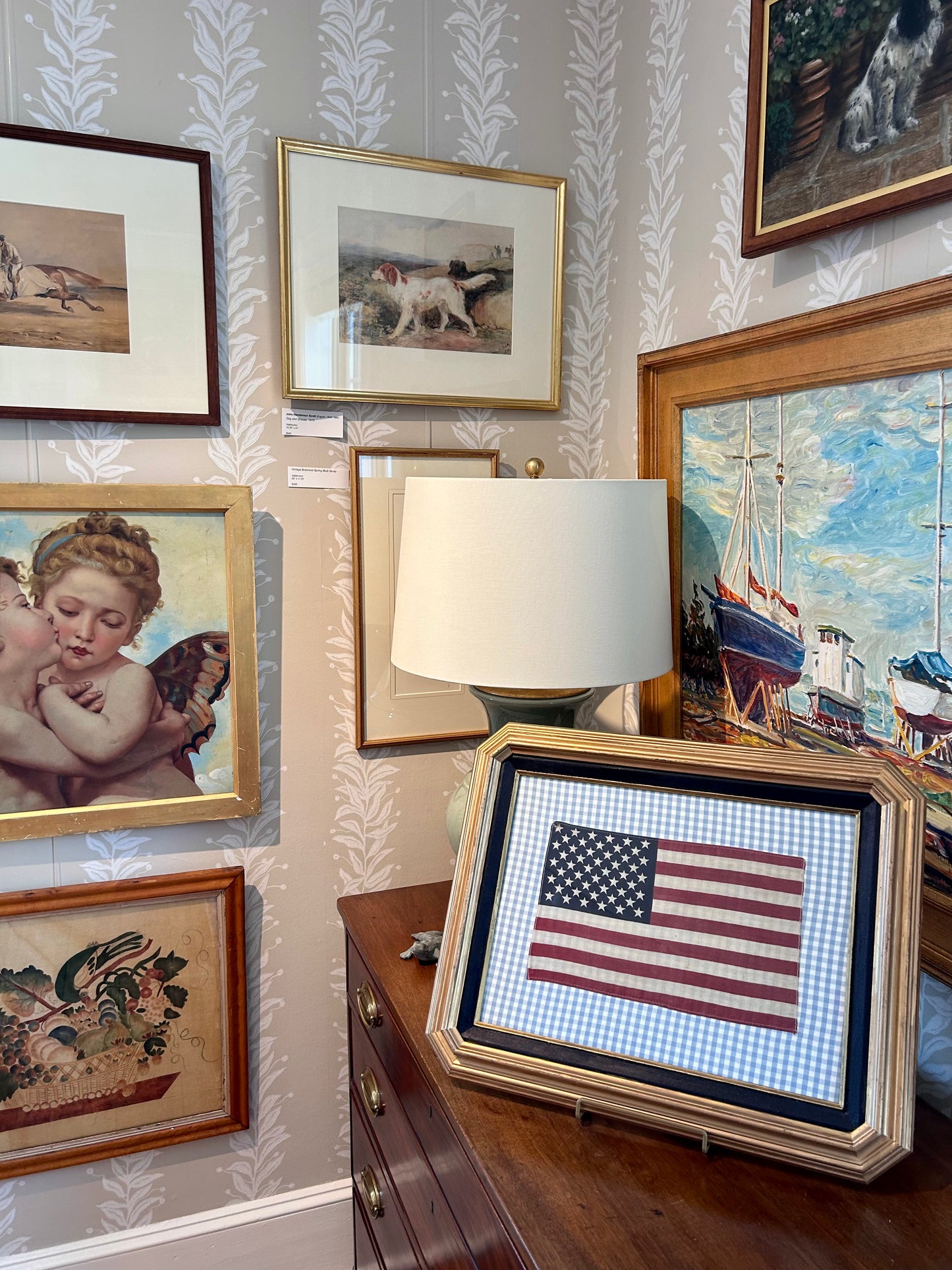 Vintage 50 Staggered Star American Flag on Light Blue Gingham Fabric in Gold Frame