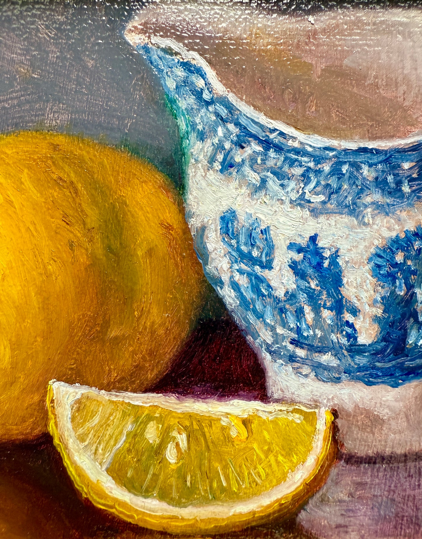 Blue and White Pitcher with Lemons Still Life Oil Painting in Gold Frame