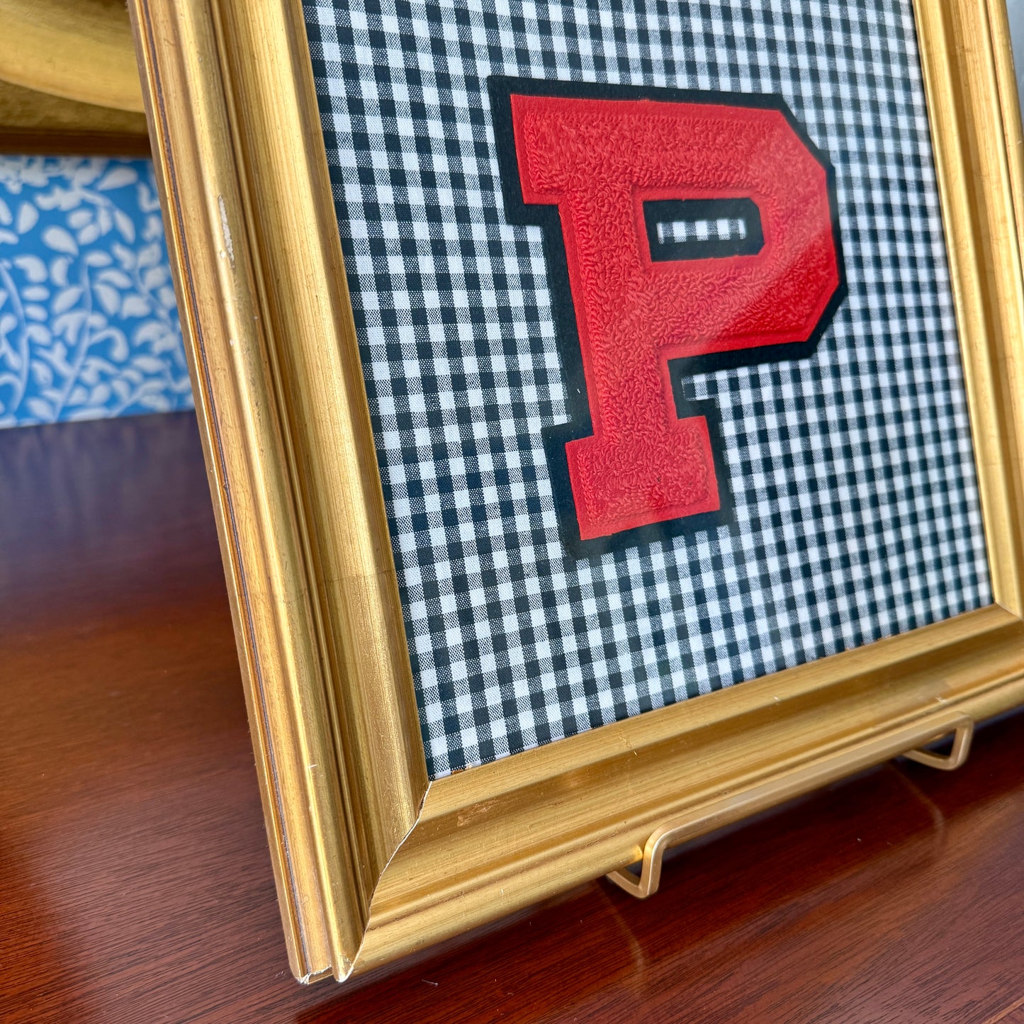 Vintage Princeton University Varsity Letter "P" on Black and White Gingham in Gold Frame
