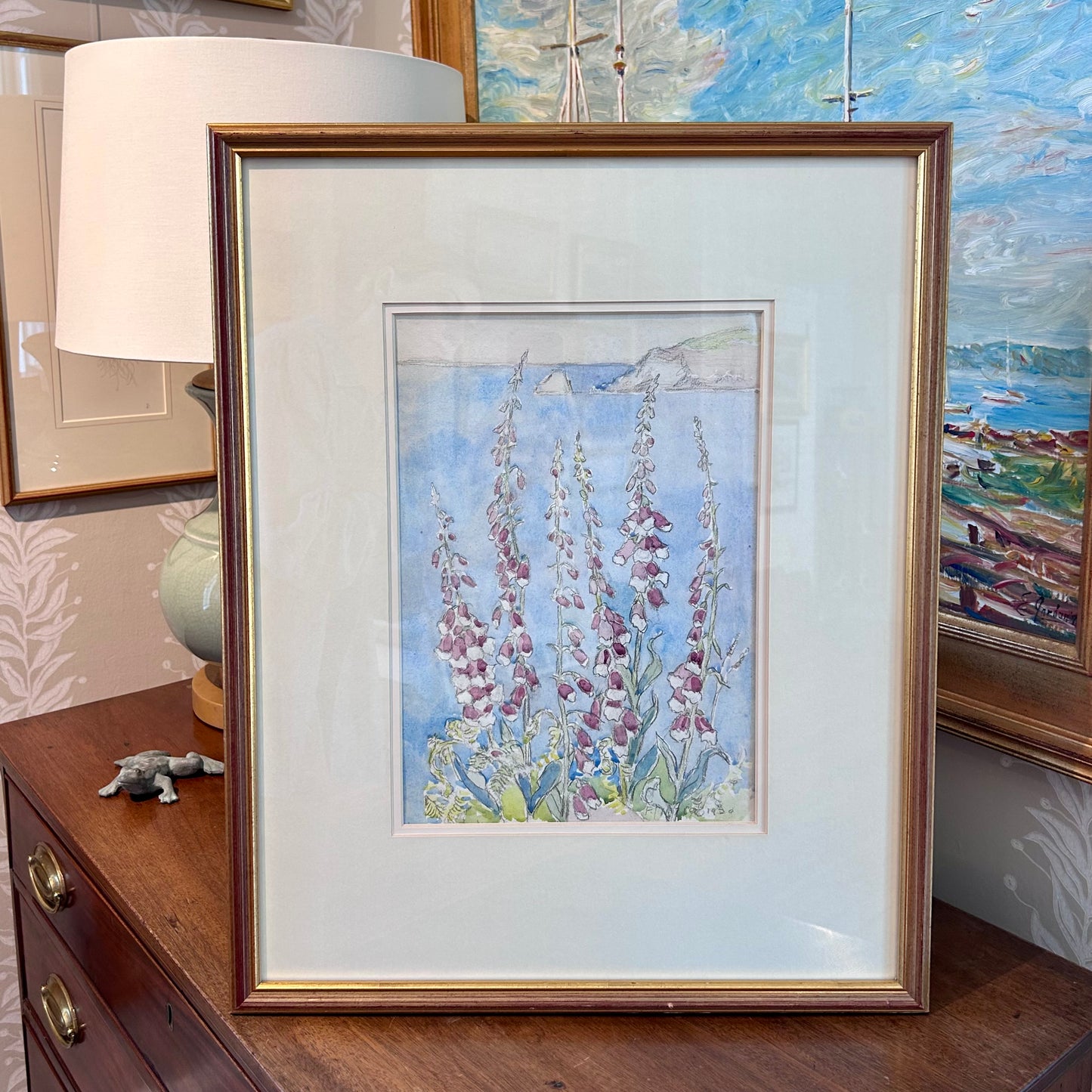 1920 Fletcher J. Mercer Foxgloves and Seascape Watercolor Painting in Gold Frame