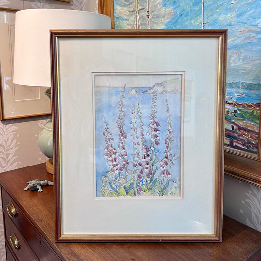 1920 Fletcher J. Mercer Foxgloves and Seascape Watercolor Painting in Gold Frame