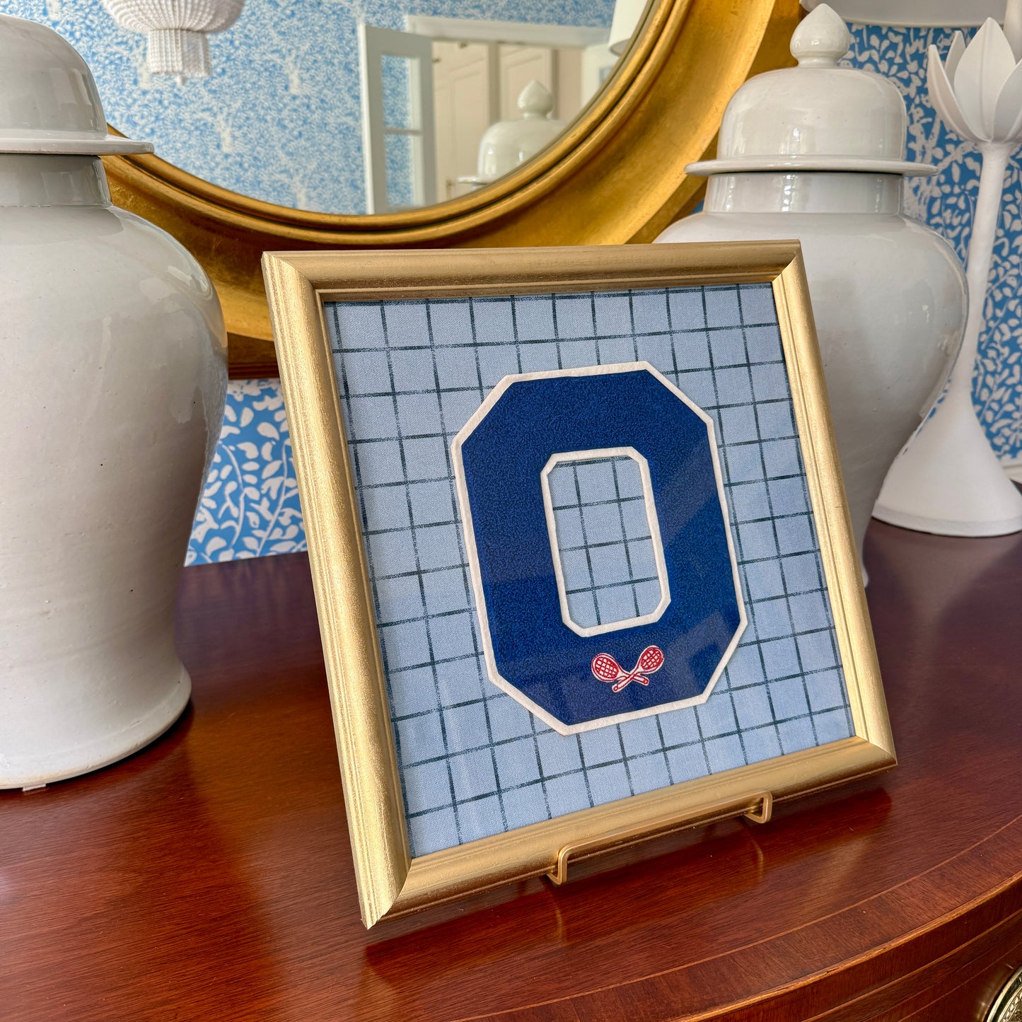Vintage Large Varsity Tennis Initial Letter "O" on Blue Windowpane Fabric in Gold Frame