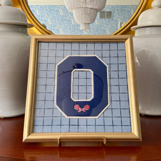 Vintage Large Varsity Tennis Initial Letter "O" on Blue Windowpane Fabric in Gold Frame