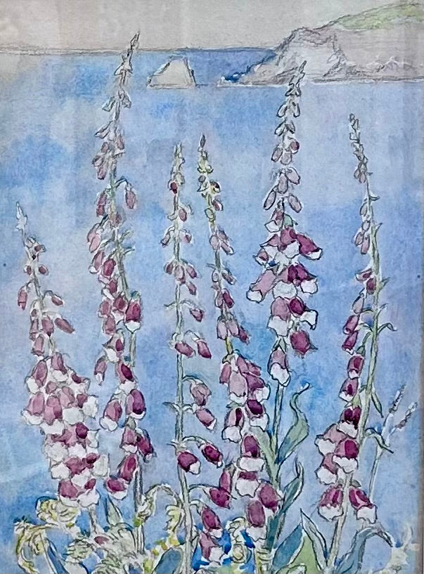 1920 Fletcher J. Mercer Foxgloves and Seascape Watercolor Painting in Gold Frame
