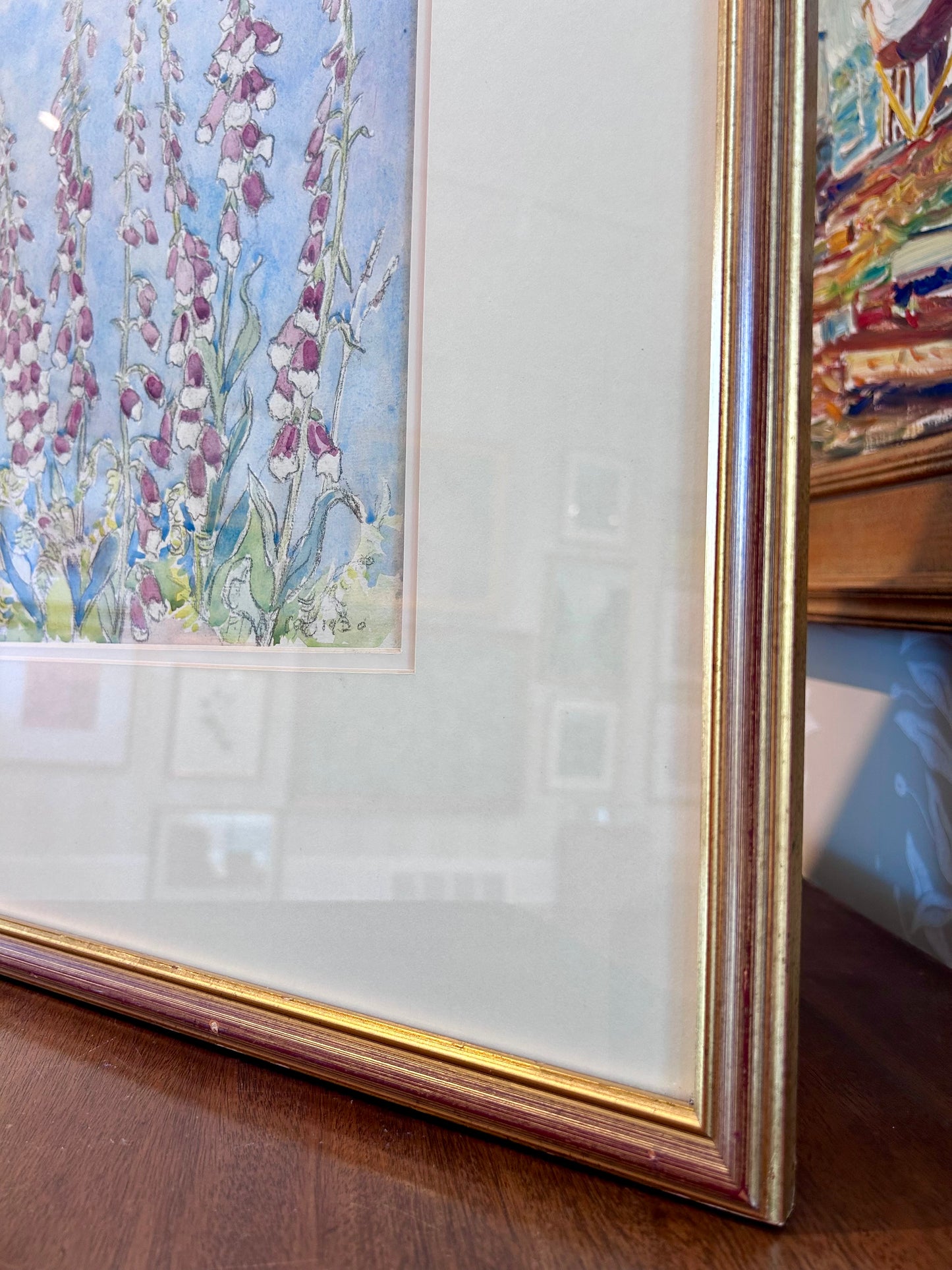 1920 Fletcher J. Mercer Foxgloves and Seascape Watercolor Painting in Gold Frame