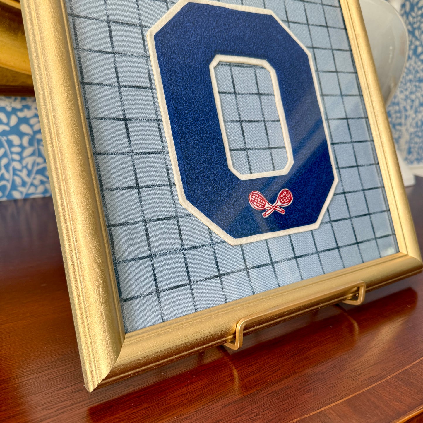 Vintage Large Varsity Tennis Initial Letter "O" on Blue Windowpane Fabric in Gold Frame